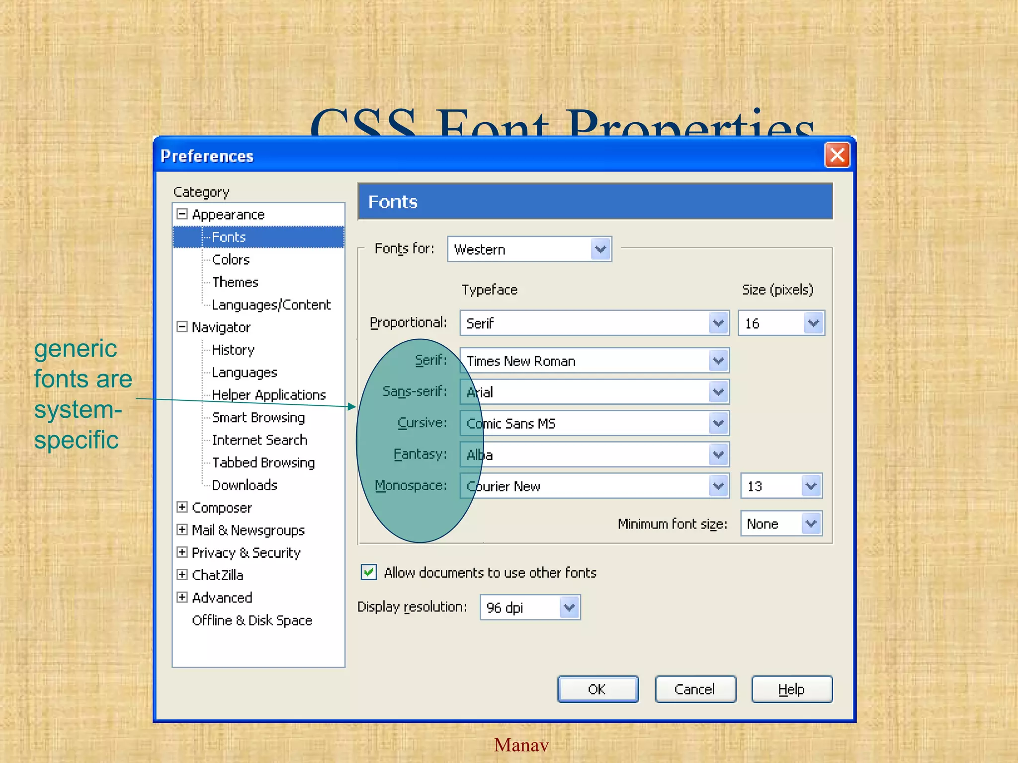 Manav
CSS Font Properties
generic
fonts are
system-
specific
 