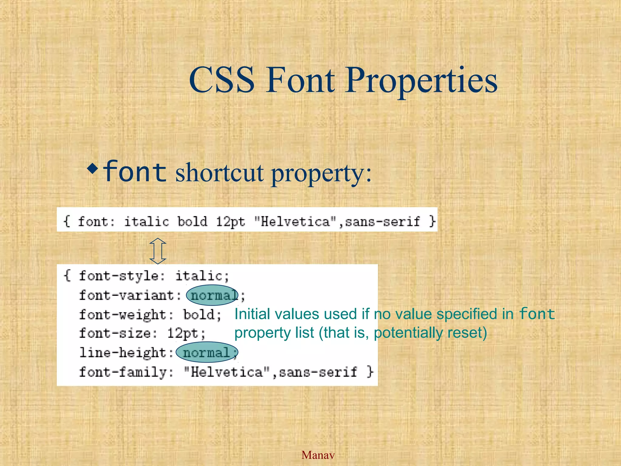 Manav
CSS Font Properties
font shortcut property:
Initial values used if no value specified in font
property list (that is, potentially reset)
 