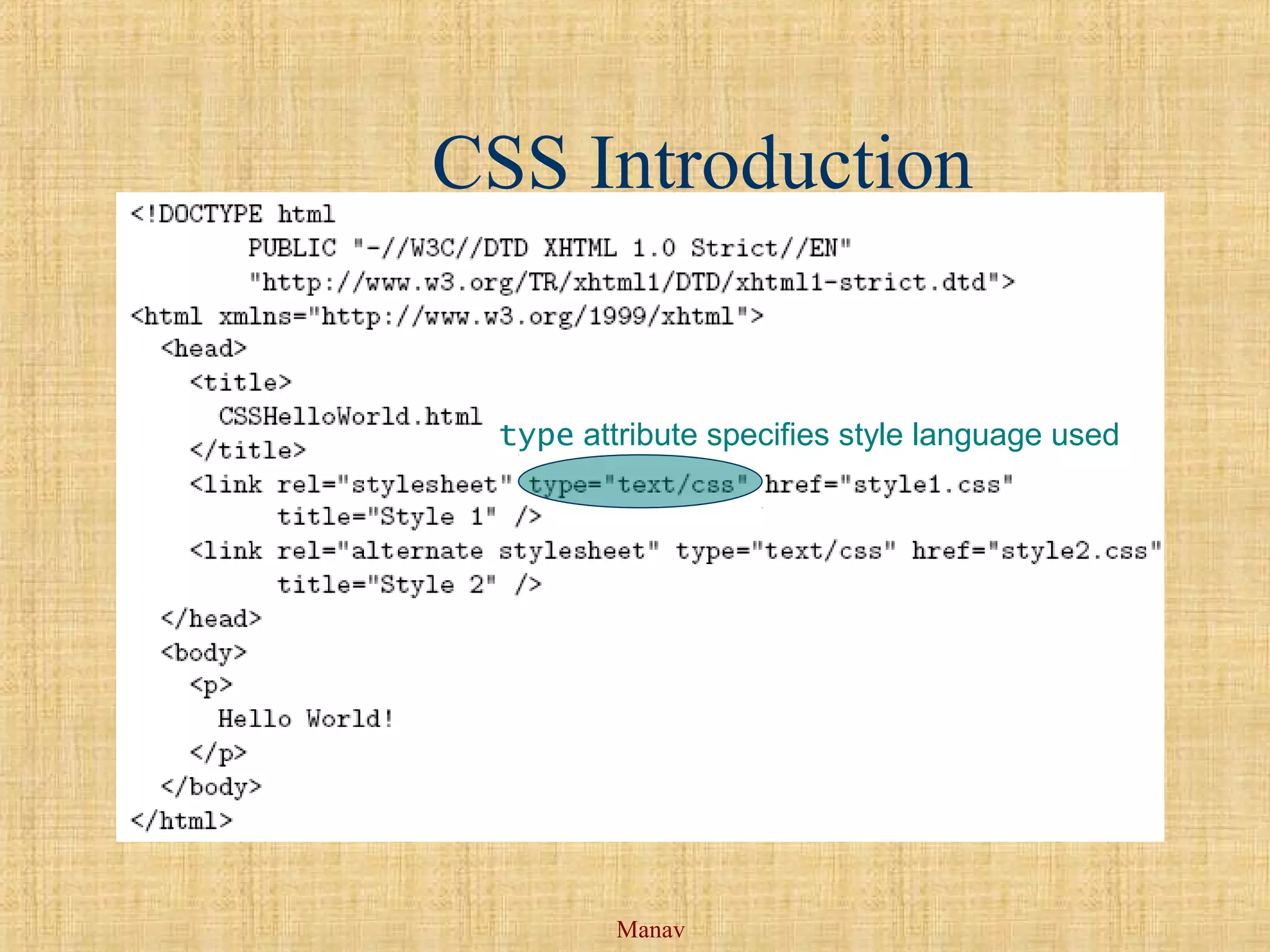 Manav
CSS Introduction
type attribute specifies style language used
 