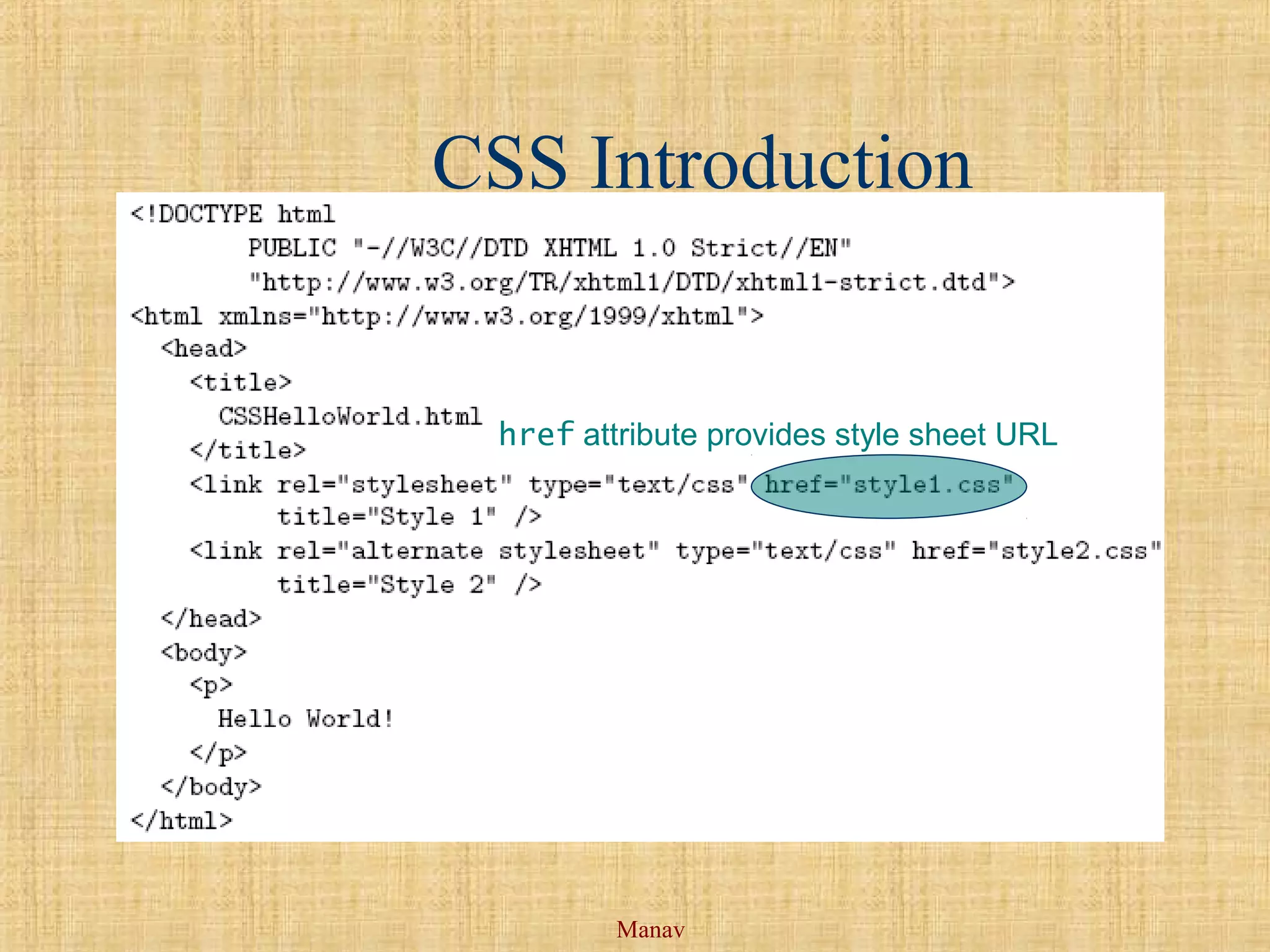 Manav
CSS Introduction
href attribute provides style sheet URL
 