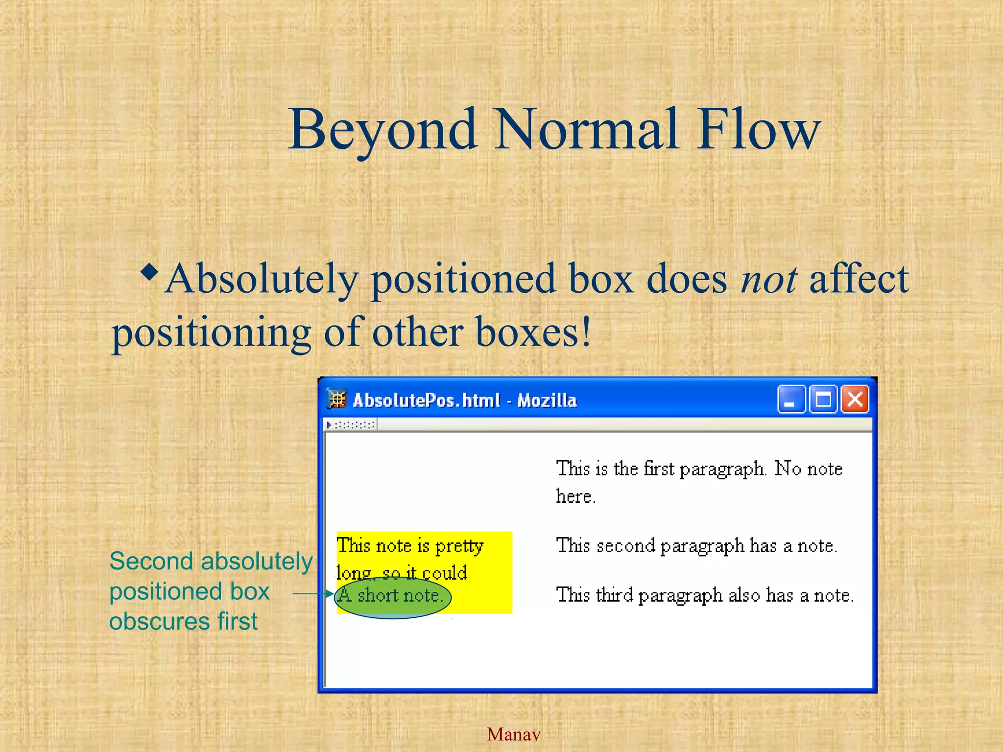 Manav
Beyond Normal Flow
Absolutely positioned box does not affect
positioning of other boxes!
Second absolutely
positioned box
obscures first
 