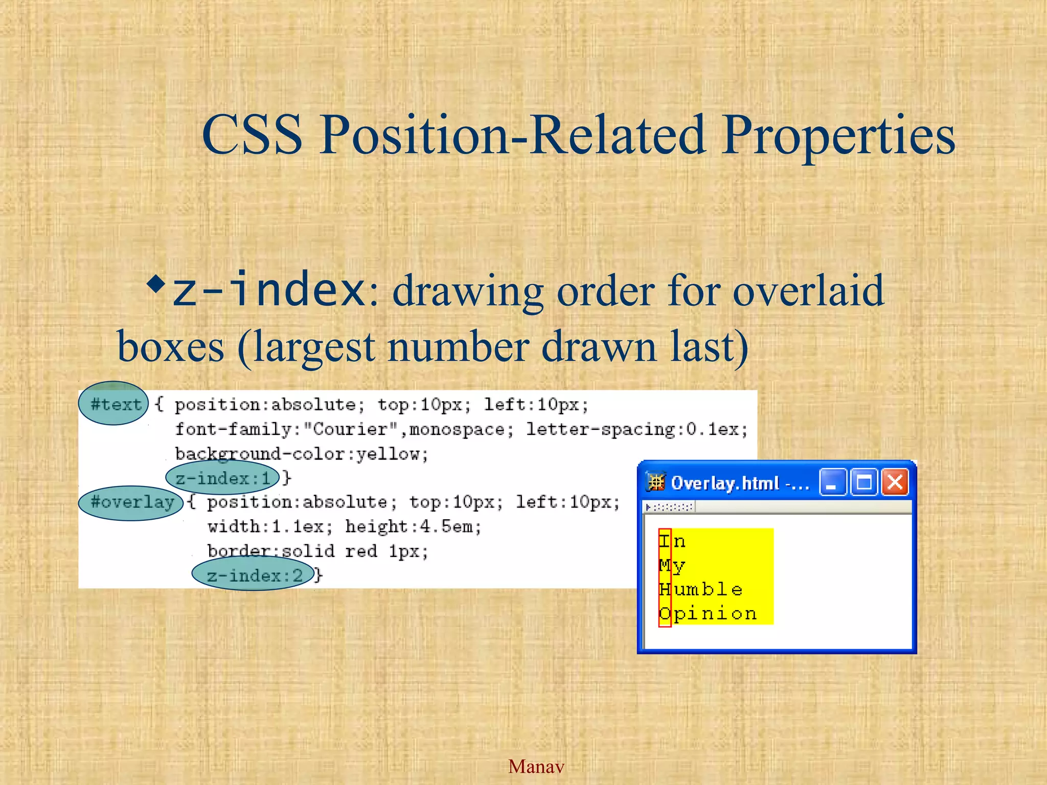 Manav
CSS Position-Related Properties
z-index: drawing order for overlaid
boxes (largest number drawn last)
 