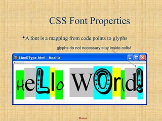Manav
CSS Font Properties
A font is a mapping from code points to glyphs
glyphs do not necessary stay inside cells!
 