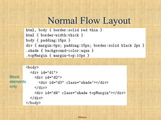 Manav
Normal Flow Layout
Block
elements
only
 