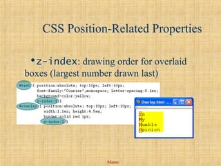 Manav
CSS Position-Related Properties
z-index: drawing order for overlaid
boxes (largest number drawn last)
 