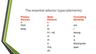 The essential selector types(elements)
Primary
Structur
e
Body
Element
s
Formatting
Elements
html p em
body br i
h1 – h6 strong
ul b
ol q
a blockquote
img
div
span
 