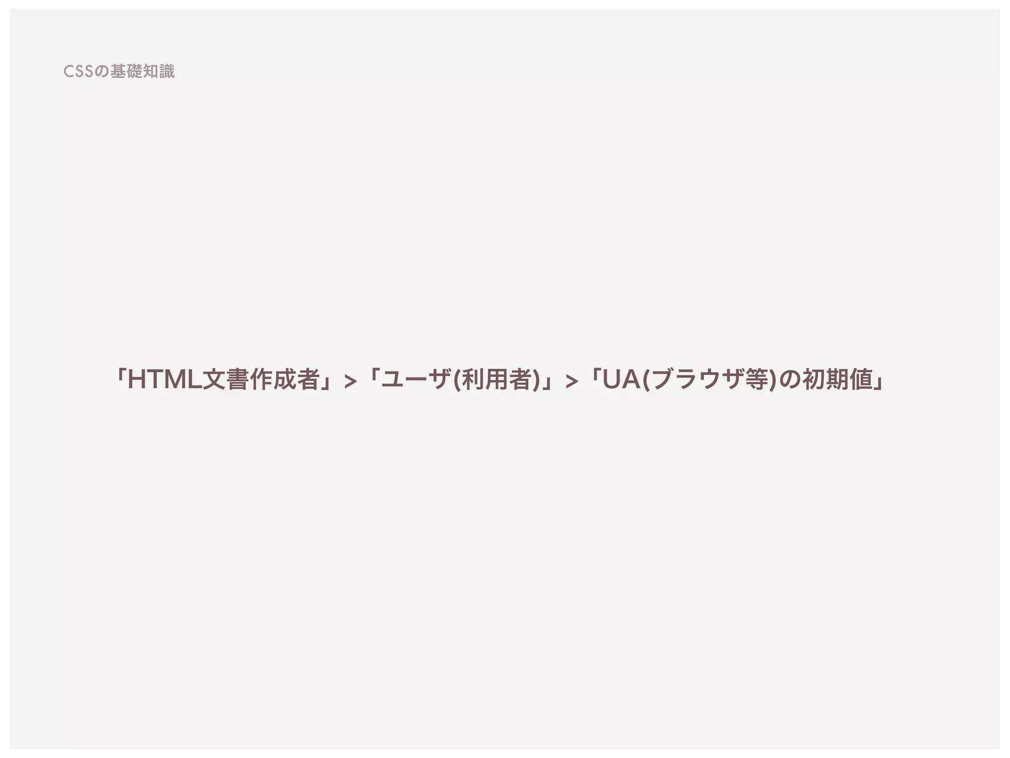 CSSの基礎知識
「HTML文書作成者」>「ユーザ(利用者)」>「UA(ブラウザ等)の初期値」
 