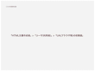 CSSの基礎知識
「HTML文書作成者」>「ユーザ(利用者)」>「UA(ブラウザ等)の初期値」
 