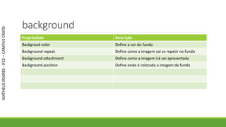 background
Propriedade Descrição
Backgroud-color Define a cor do fundo
Background-repeat Define como a imagem vai se repetir no fundo
Background-attachment Define como a imagem irá ser apresentada
Background-position Define onde é colocada a imagem de fundo
MATHEUSSOARES-IFCE–CAMPUSCRATO
 