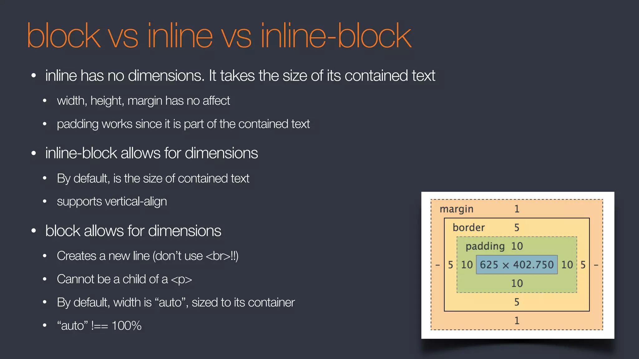 block vs inline vs inline-block
• inline has no dimensions. It takes the size of its contained text
• width, height, margin has no affect
• padding works since it is part of the contained text
• inline-block allows for dimensions
• By default, is the size of contained text
• supports vertical-align
• block allows for dimensions
• Creates a new line (don’t use <br>!!)
• Cannot be a child of a <p>
• By default, width is “auto”, sized to its container
• “auto” !== 100%
 