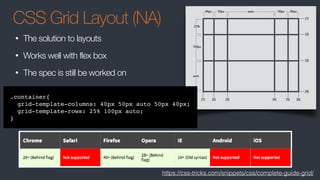 CSS Grid Layout (NA)
• The solution to layouts
• Works well with flex box
• The spec is still be worked on
.container{
grid-template-columns: 40px 50px auto 50px 40px;
grid-template-rows: 25% 100px auto;
}
https://css-tricks.com/snippets/css/complete-guide-grid/
 