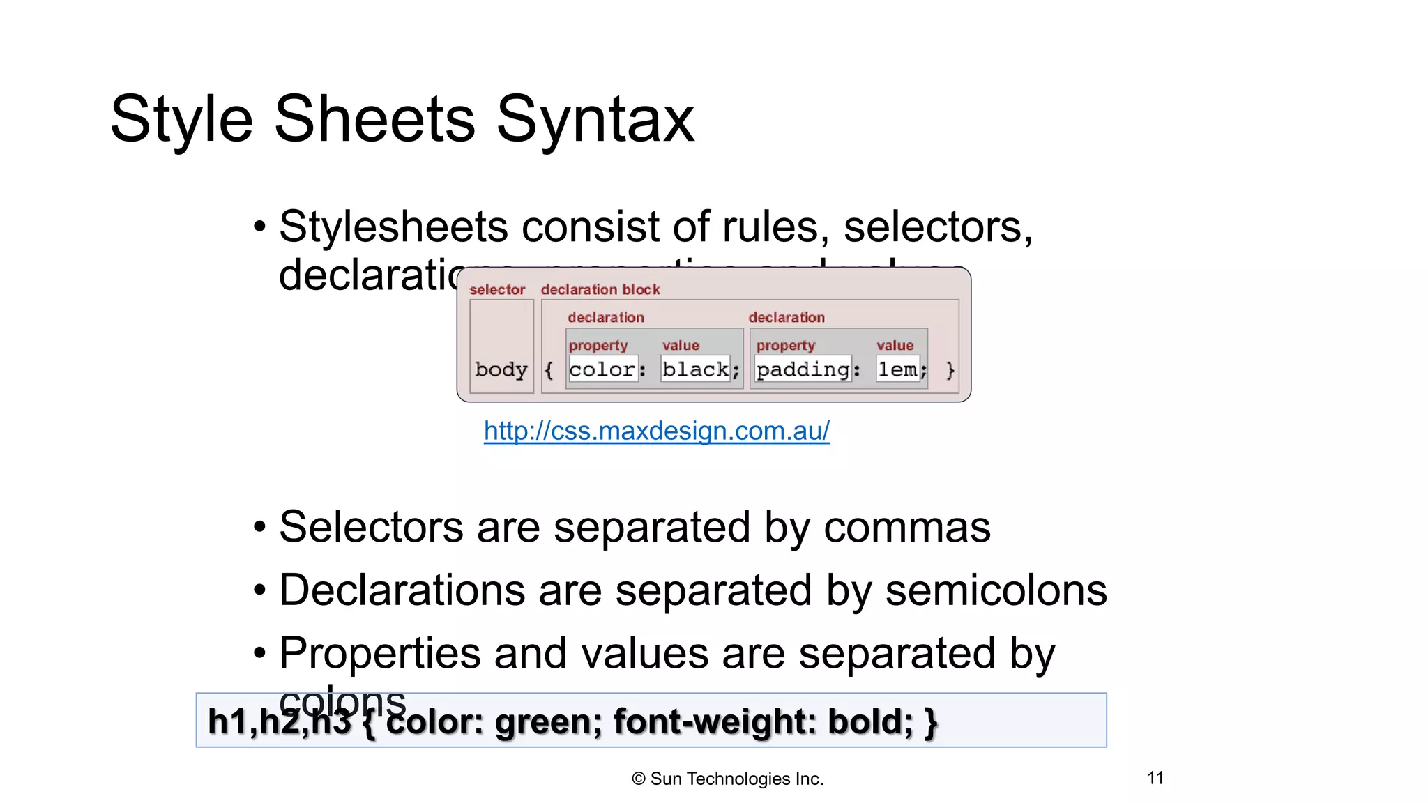 Style Sheets Syntax
• Stylesheets consist of rules, selectors,
declarations, properties and values
• Selectors are separated by commas
• Declarations are separated by semicolons
• Properties and values are separated by
colons
11
h1,h2,h3 { color: green; font-weight: bold; }
http://css.maxdesign.com.au/
© Sun Technologies Inc.
 