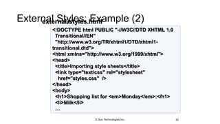 External Styles: Example (2)
32
<!DOCTYPE html PUBLIC "-//W3C//DTD XHTML 1.0
Transitional//EN"
"http://www.w3.org/TR/xhtml1/DTD/xhtml1-
transitional.dtd">
<html xmlns="http://www.w3.org/1999/xhtml">
<head>
<title>Importing style sheets</title>
<link type="text/css" rel="stylesheet"
href="styles.css" />
</head>
<body>
<h1>Shopping list for <em>Monday</em>:</h1>
<li>Milk</li>
…
external-styles.html
© Sun Technologies Inc.
 