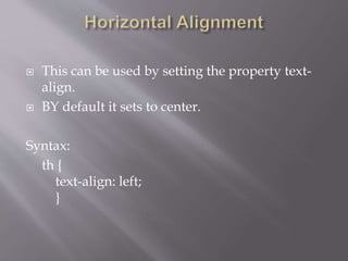  This can be used by setting the property text-
align.
 BY default it sets to center.
Syntax:
th {
text-align: left;
}
 