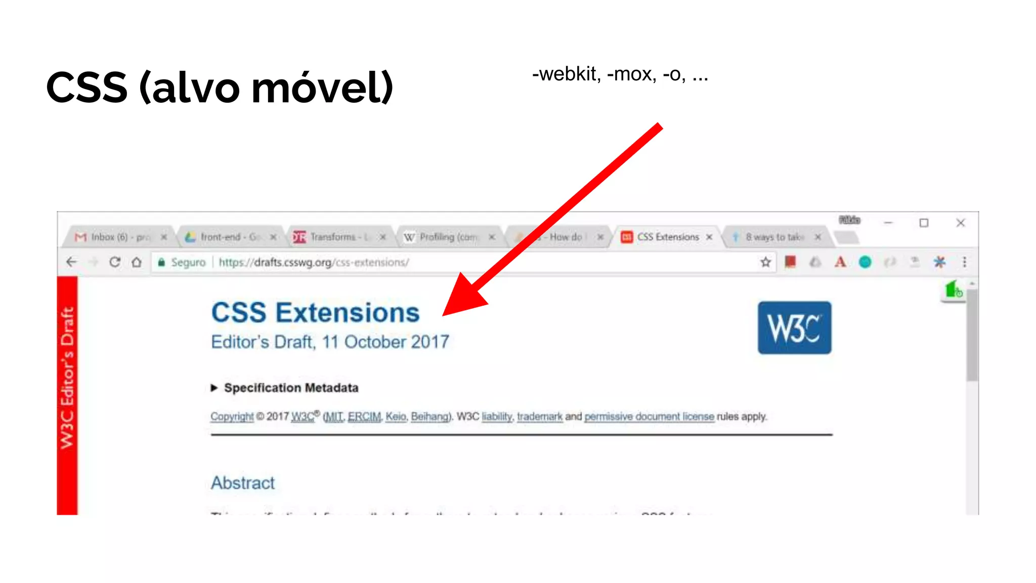 CSS (alvo móvel)
-webkit, -mox, -o, ...
 