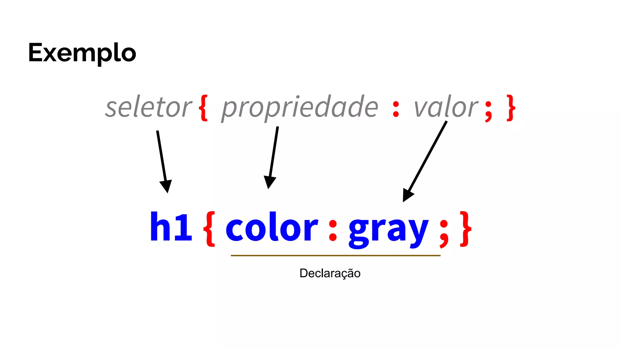 Exemplo
seletor { propriedade : valor ; }
h1 { color : gray ; }
Declaração
 