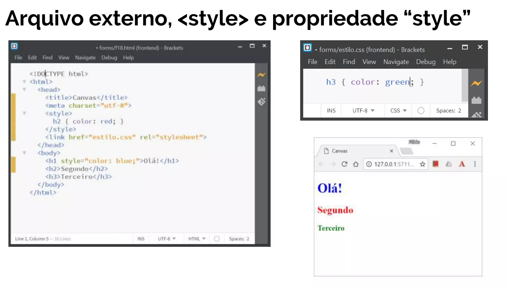 Arquivo externo, <style> e propriedade “style”
 