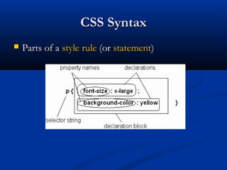 CSS SyntaxCSS Syntax
 Parts of aParts of a style rulestyle rule (or(or statementstatement))
 
