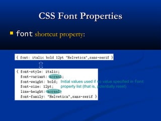 CSS Font PropertiesCSS Font Properties
 fontfont shortcut propertyshortcut property::
Initial values used if no value specified in font
property list (that is, potentially reset)
 