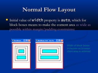 Normal Flow LayoutNormal Flow Layout
 Initial value ofInitial value of widthwidth property isproperty is autoauto, which for, which for
block boxes means to make the content areablock boxes means to make the content area as wide asas wide as
possible within margin/padding constraintspossible within margin/padding constraints::
Width of block boxes
increases as browser
client area is widened
 