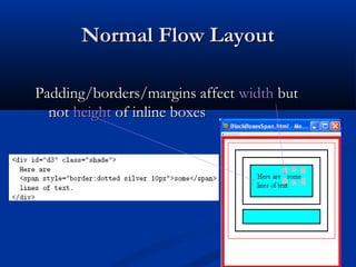 Normal Flow LayoutNormal Flow Layout
Padding/borders/margins affectPadding/borders/margins affect widthwidth butbut
notnot heightheight of inline boxesof inline boxes
 