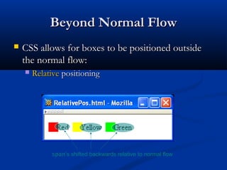 Beyond Normal FlowBeyond Normal Flow
 CSS allows for boxes to be positioned outsideCSS allows for boxes to be positioned outside
the normal flow:the normal flow:
 RelativeRelative positioningpositioning
span’s shifted backwards relative to normal flow
 