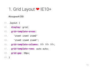 1. Grid Layout ❤ IE10+
Исходный CSS
.layout {
display: grid;
grid-template-areas:
"item1 item1 item2"
"item3 item4 item4";
grid-template-columns: 1fr 1fr 1fr;
grid-template-rows: auto auto;
grid-gap: 20px;
}
01.
02.
03.
04.
05.
06.
07.
08.
09.
16
 