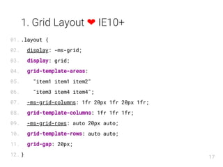 1. Grid Layout ❤ IE10+
.layout {
display: -ms-grid;
display: grid;
grid-template-areas:
"item1 item1 item2"
"item3 item4 item4";
-ms-grid-columns: 1fr 20px 1fr 20px 1fr;
grid-template-columns: 1fr 1fr 1fr;
-ms-grid-rows: auto 20px auto;
grid-template-rows: auto auto;
grid-gap: 20px;
}
01.
02.
03.
04.
05.
06.
07.
08.
09.
10.
11.
12. 17
 
