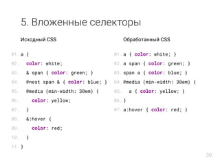 5. Вложенные селекторы
Исходный CSS
a {
color: white;
& span { color: green; }
@nest span & { color: blue; }
@media (min-width: 30em) {
color: yellow;
}
&:hover {
color: red;
}
}
Обработанный CSS
a { color: white; }
a span { color: green; }
span a { color: blue; }
@media (min-width: 30em) {
a { color: yellow; }
}
a:hover { color: red; }
01.
02.
03.
04.
05.
06.
07.
08.
09.
10.
11.
01.
02.
03.
04.
05.
06.
07.
30
 