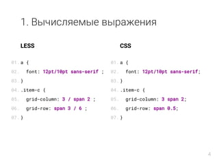 1. Вычисляемые выражения
LESS
a {
font: 12pt/10pt sans-serif ;
}
.item-c {
grid-column: 3 / span 2 ;
grid-row: span 3 / 6 ;
}
CSS
a {
font: 12pt/10pt sans-serif;
}
.item-c {
grid-column: 3 span 2;
grid-row: span 0.5;
}
01.
02.
03.
04.
05.
06.
07.
01.
02.
03.
04.
05.
06.
07.
4
 