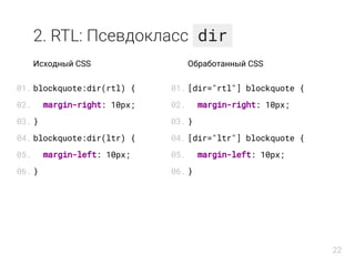 2. RTL: Псевдокласс dir
Исходный CSS
blockquote:dir(rtl) {
margin-right: 10px;
}
blockquote:dir(ltr) {
margin-left: 10px;
...