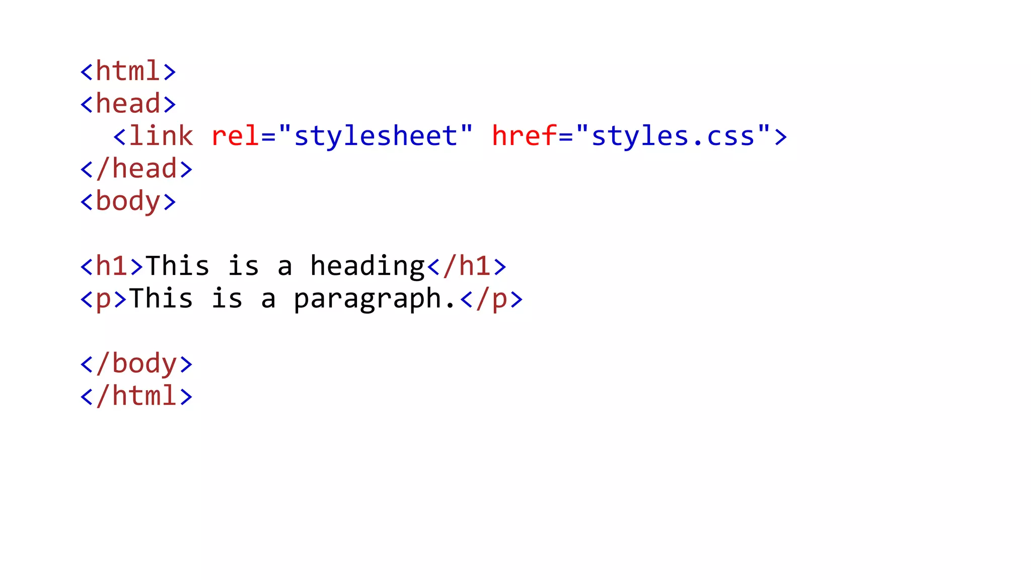 <html>
<head>
<link rel="stylesheet" href="styles.css">
</head>
<body>
<h1>This is a heading</h1>
<p>This is a paragraph.</p>
</body>
</html>
 