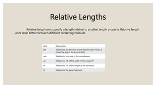 Relative Lengths
Relative length units specify a length relative to another length property. Relative length
units scale better between different rendering medium.
Unit Description
em Relative to the font-size of the element (2em means 2
times the size of the current font)
rem Relative to font-size of the root element
vw Relative to 1% of the width of the viewport*
vh Relative to 1% of the height of the viewport*
% Relative to the parent element
 