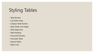 Styling Tables
◦ Table Borders
◦ Full-Width Table
◦ Collapse Table Borders
◦ Table Width and Height
◦ Table Alignment
◦ Table Padding
◦ Horizontal Dividers
◦ Hoverable Table
◦ Striped Tables
◦ Table Color
 