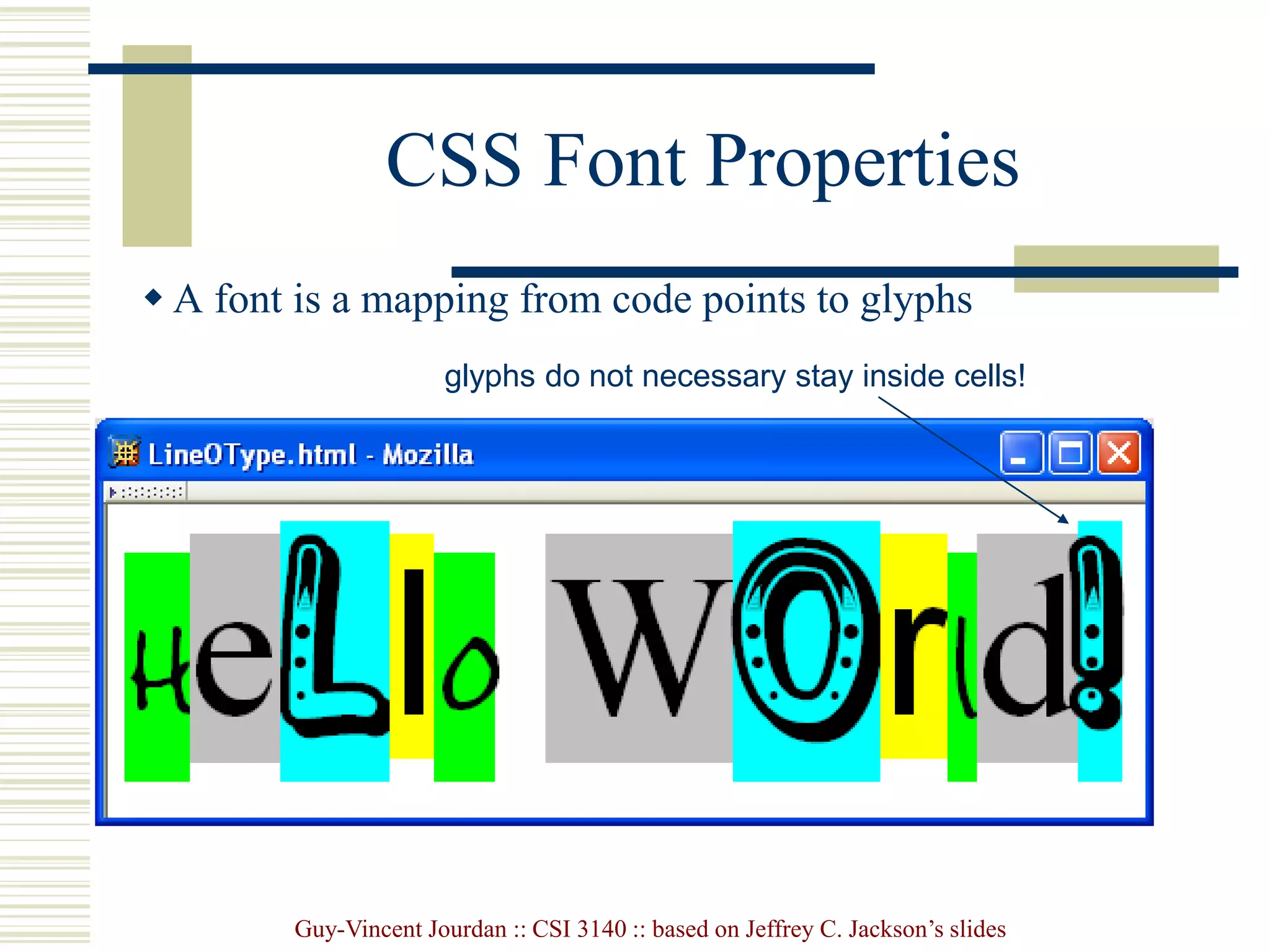 Guy-Vincent Jourdan :: CSI 3140 :: based on Jeffrey C. Jackson’s slides
CSS Font Properties
 A font is a mapping from code points to glyphs
glyphs do not necessary stay inside cells!
 