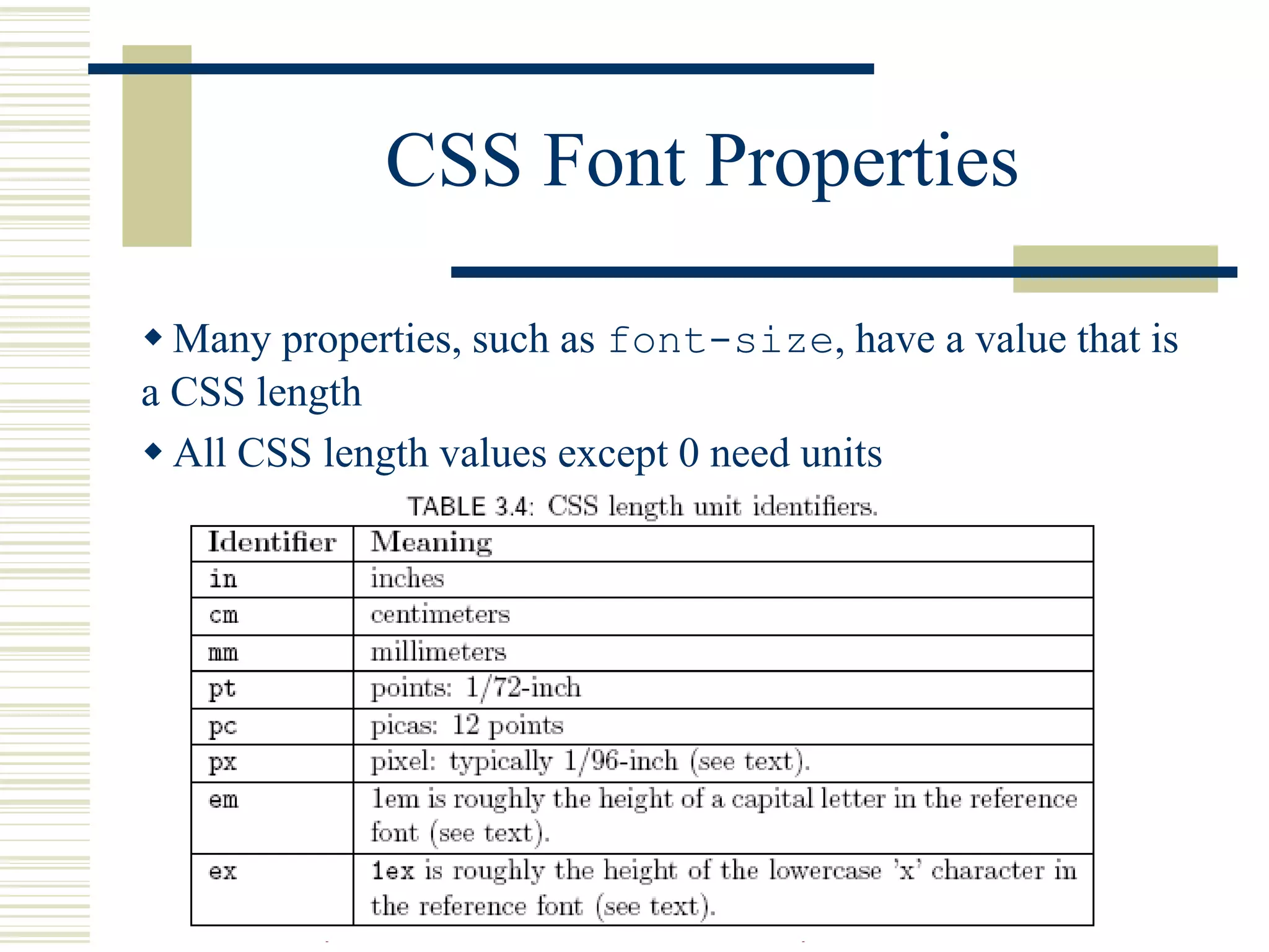 Guy-Vincent Jourdan :: CSI 3140 :: based on Jeffrey C. Jackson’s slides
CSS Font Properties
 Many properties, such as font-size, have a value that is
a CSS length
 All CSS length values except 0 need units
 