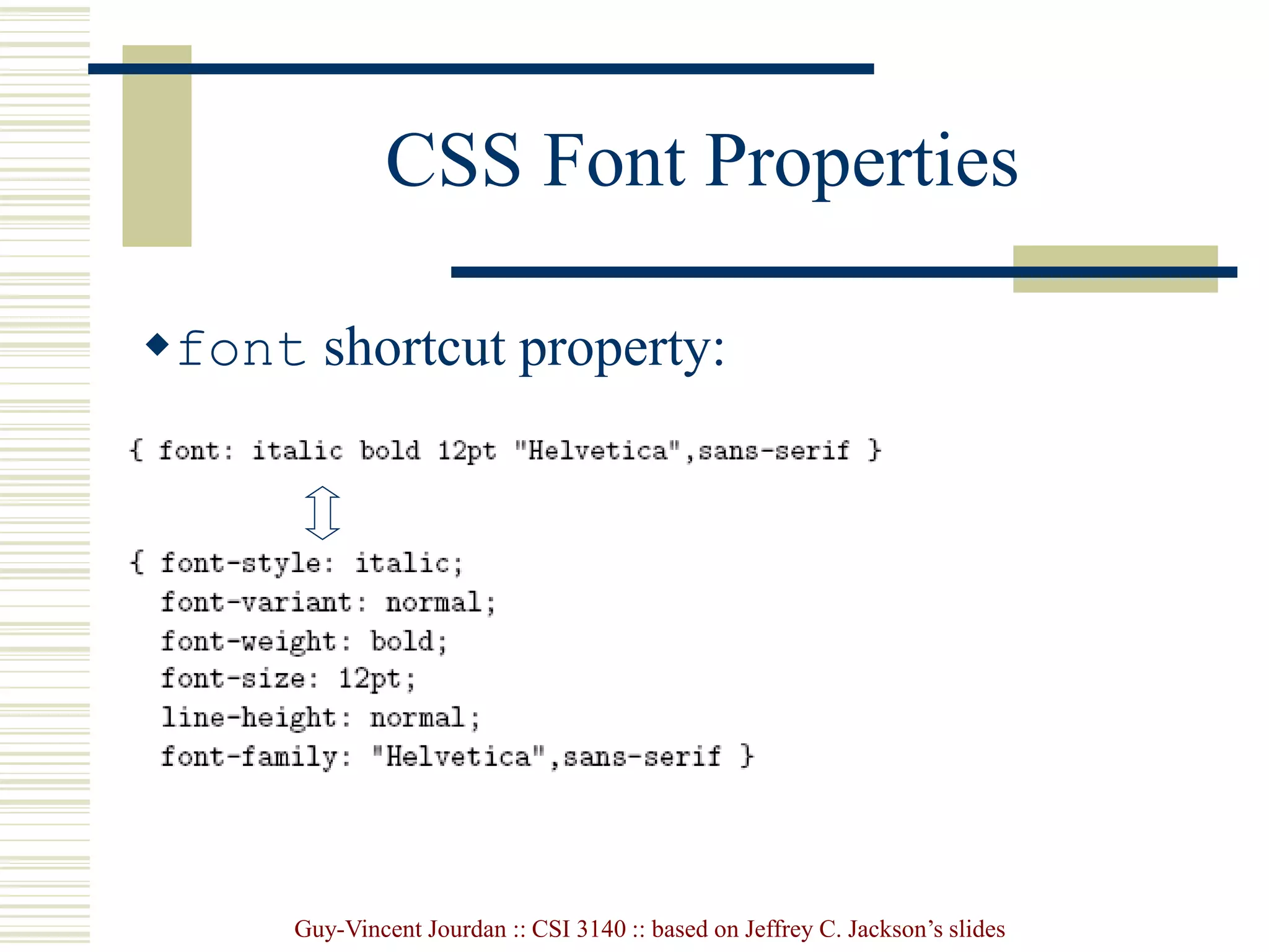 Guy-Vincent Jourdan :: CSI 3140 :: based on Jeffrey C. Jackson’s slides
CSS Font Properties
font shortcut property:
 