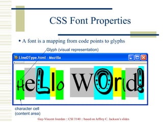 Guy-Vincent Jourdan :: CSI 3140 :: based on Jeffrey C. Jackson’s slides
CSS Font Properties
Glyph (visual representation)
character cell
(content area)
 A font is a mapping from code points to glyphs
 