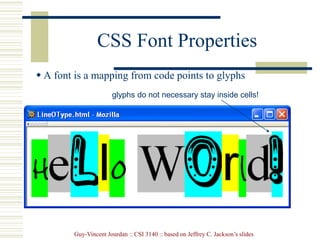 Guy-Vincent Jourdan :: CSI 3140 :: based on Jeffrey C. Jackson’s slides
CSS Font Properties
 A font is a mapping from code points to glyphs
glyphs do not necessary stay inside cells!
 