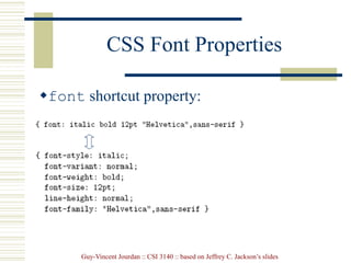 Guy-Vincent Jourdan :: CSI 3140 :: based on Jeffrey C. Jackson’s slides
CSS Font Properties
font shortcut property:
 