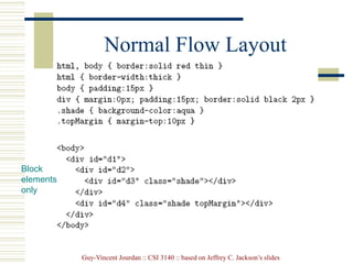 Guy-Vincent Jourdan :: CSI 3140 :: based on Jeffrey C. Jackson’s slides
Normal Flow Layout
Block
elements
only
 