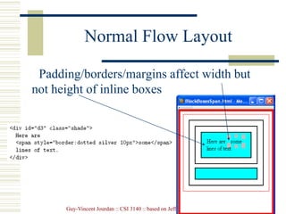 Guy-Vincent Jourdan :: CSI 3140 :: based on Jeffrey C. Jackson’s slides
Normal Flow Layout
Padding/borders/margins affect width but
not height of inline boxes
 
