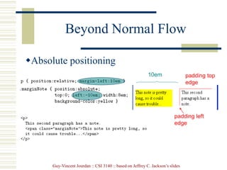 Guy-Vincent Jourdan :: CSI 3140 :: based on Jeffrey C. Jackson’s slides
Beyond Normal Flow
Absolute positioning
10em padding top
edge
padding left
edge
 