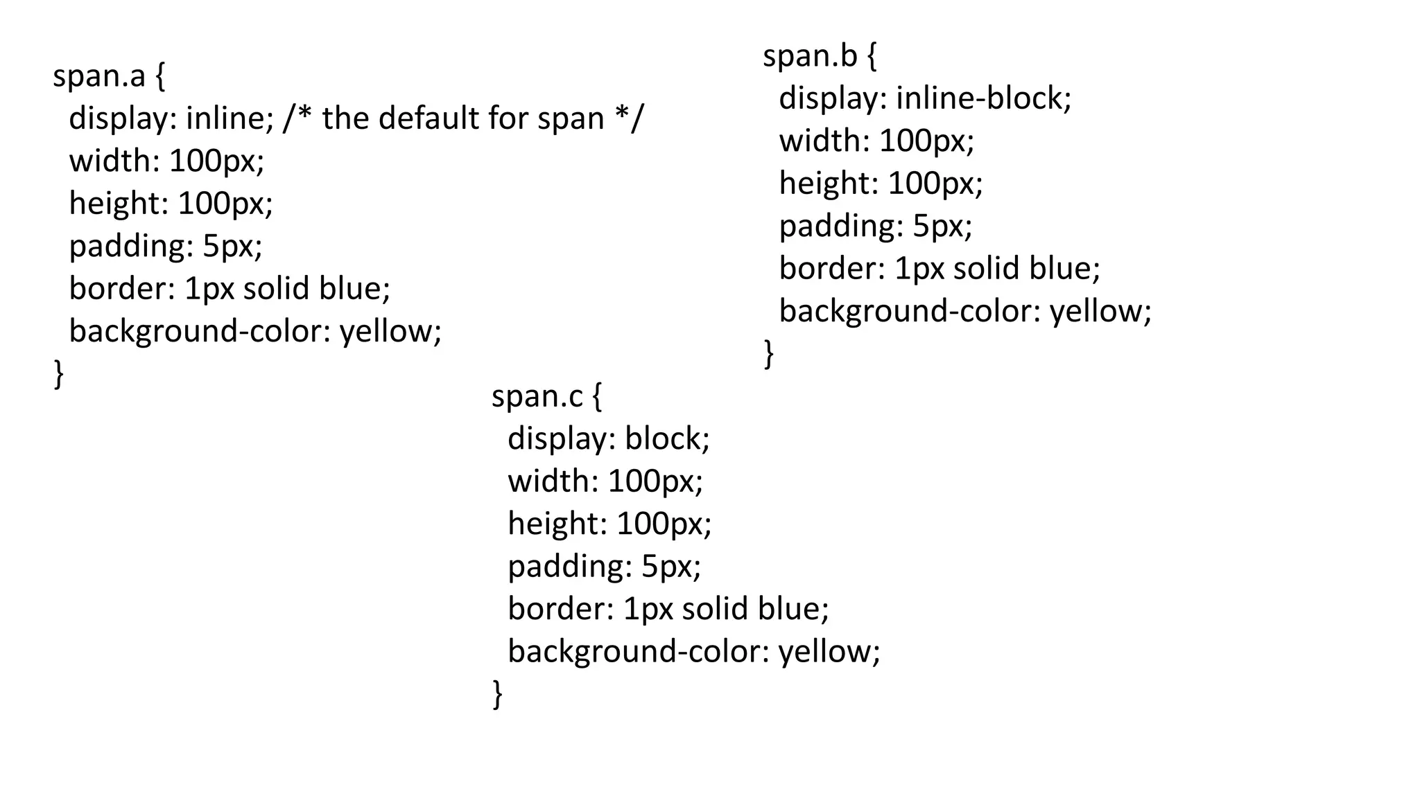 span.a {
display: inline; /* the default for span */
width: 100px;
height: 100px;
padding: 5px;
border: 1px solid blue;
background-color: yellow;
}
span.b {
display: inline-block;
width: 100px;
height: 100px;
padding: 5px;
border: 1px solid blue;
background-color: yellow;
}
span.c {
display: block;
width: 100px;
height: 100px;
padding: 5px;
border: 1px solid blue;
background-color: yellow;
}
 