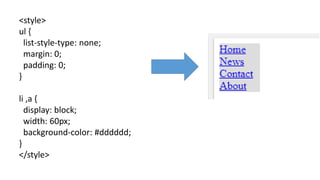 <style>
ul {
list-style-type: none;
margin: 0;
padding: 0;
}
li ,a {
display: block;
width: 60px;
background-color: #dddddd;
}
</style>
 