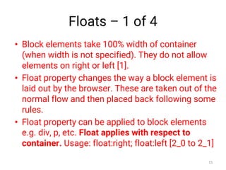 Floats – 1 of 4
• Block elements take 100% width of container
(when width is not specified). They do not allow
elements on right or left [1].
• Float property changes the way a block element is
laid out by the browser. These are taken out of the
normal flow and then placed back following some
rules.
• Float property can be applied to block elements
e.g. div, p, etc. Float applies with respect to
container. Usage: float:right; float:left [2_0 to 2_1]
15
 