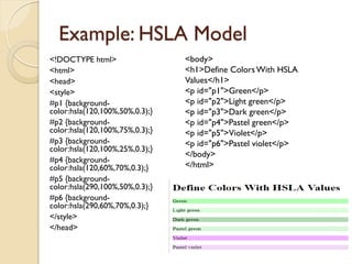 Example: HSLA Model
<!DOCTYPE html>
<html>
<head>
<style>
#p1 {background-
color:hsla(120,100%,50%,0.3);}
#p2 {background-
color:hsla(120,100%,75%,0.3);}
#p3 {background-
color:hsla(120,100%,25%,0.3);}
#p4 {background-
color:hsla(120,60%,70%,0.3);}
#p5 {background-
color:hsla(290,100%,50%,0.3);}
#p6 {background-
color:hsla(290,60%,70%,0.3);}
</style>
</head>
<body>
<h1>Define ColorsWith HSLA
Values</h1>
<p id="p1">Green</p>
<p id="p2">Light green</p>
<p id="p3">Dark green</p>
<p id="p4">Pastel green</p>
<p id="p5">Violet</p>
<p id="p6">Pastel violet</p>
</body>
</html>
 