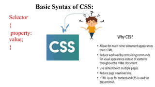 Selector
{
property:
value;
}
Basic Syntax of CSS:
 