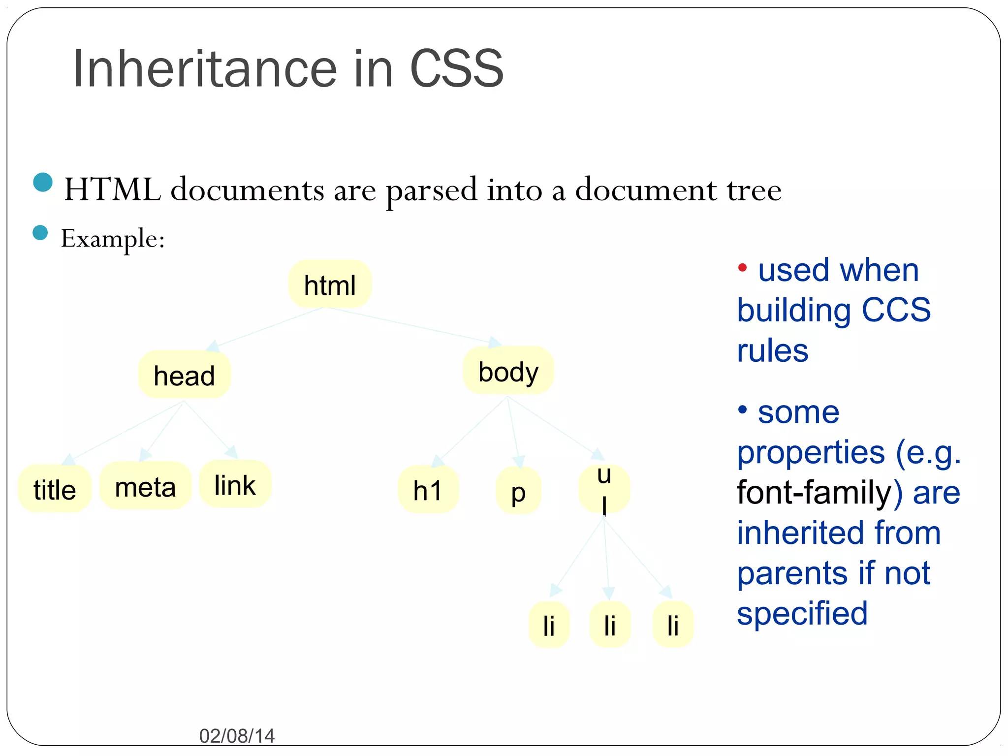Inheritance in CSS
HTML documents are parsed into a document tree
 Example:

• used when
building CCS
rules

html
body

head

title

meta

link

h1

u
l

p

li

02/08/14

li

li

• some
properties (e.g.
font-family) are
inherited from
parents if not
specified

 
