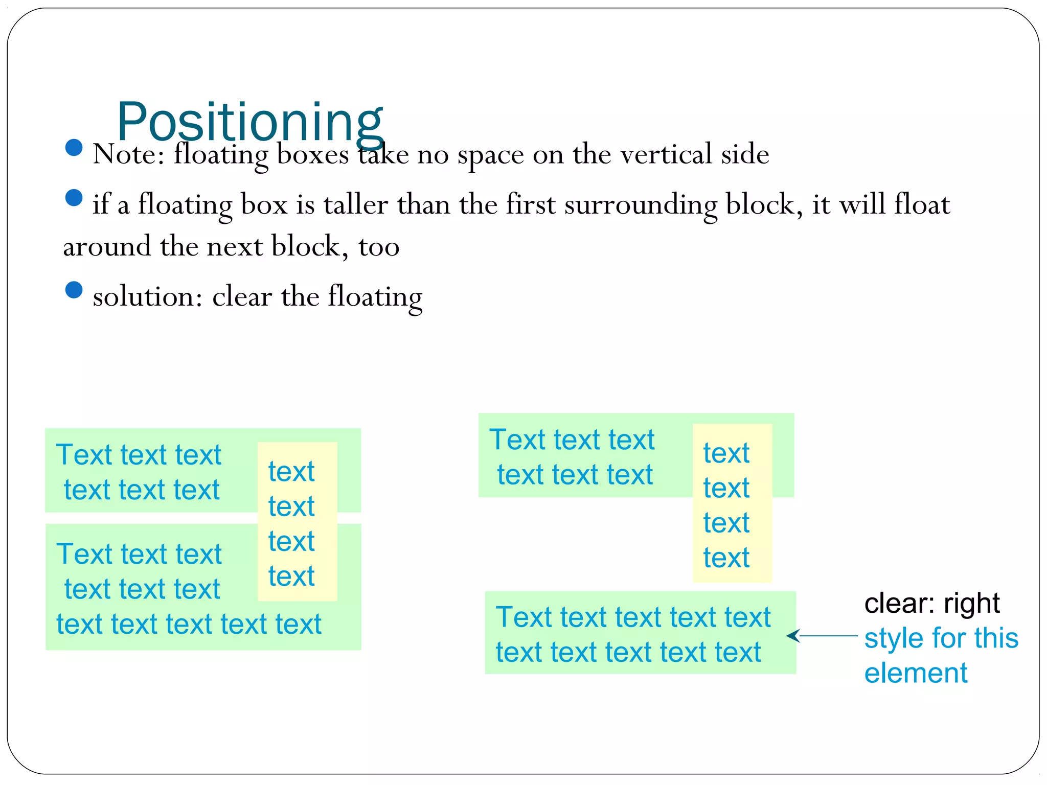 Positioning

Note: floating boxes take no space on the vertical side
if a floating box is taller than the first surrounding block, it will float

around the next block, too
solution: clear the floating

Text text text
text text text

text
text
text
text

Text text text
text text text
text text text text text

Text text text
text text text

text
text
text
text

Text text text text text
text text text text text

clear: right
style for this
element

 